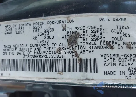 1999 Toyota 4Runner Sr5 V6 z USA, uszkodzony, nr VIN JT3GN86R3X0131331